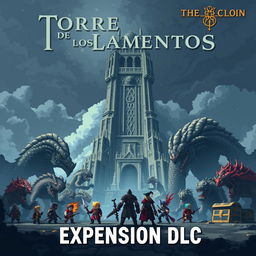 Pixel art cover for a video game titled 'Torre de los Lamentos', featuring a Giant Dungeon and colossal Boss monsters