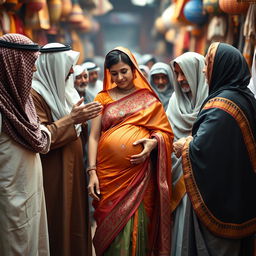 A scene depicting old Arab men and women in hijabs gently interacting with a young, busty, pregnant Indian lady dressed in a beautifully adorned saree