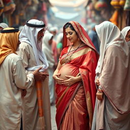 A scene depicting old Arab men and women in hijabs gently interacting with a young, busty, pregnant Indian lady dressed in a beautifully adorned saree