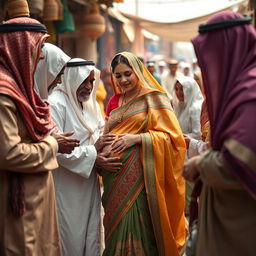 A scene depicting old Arab men and women in hijabs gently interacting with a young, busty, pregnant Indian lady dressed in a beautifully adorned saree