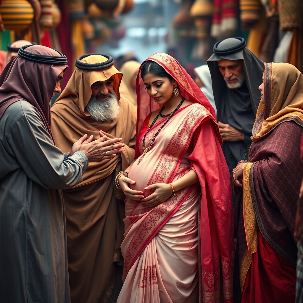 A scene depicting old Arab men and women in hijabs gently interacting with a young, busty, pregnant Indian lady dressed in a beautifully adorned saree