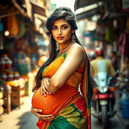 A young, voluptuous pregnant Indian woman wearing a colorful saree, striking a confident pose on a bustling street