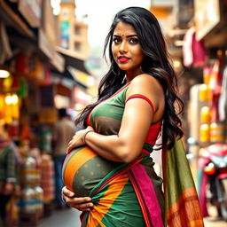 A young, voluptuous pregnant Indian woman wearing a colorful saree, striking a confident pose on a bustling street