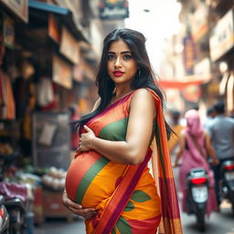 A young, voluptuous pregnant Indian woman wearing a colorful saree, striking a confident pose on a bustling street