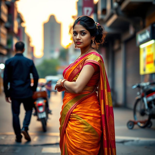 An Indian female dressed in a colorful saree standing confidently on a street corner, with an urban setting in the background