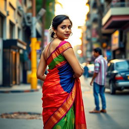 An Indian female dressed in a colorful saree standing confidently on a street corner, with an urban setting in the background