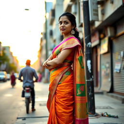 An Indian female dressed in a colorful saree standing confidently on a street corner, with an urban setting in the background