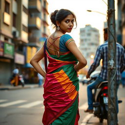 An Indian female dressed in a colorful saree standing confidently on a street corner, with an urban setting in the background