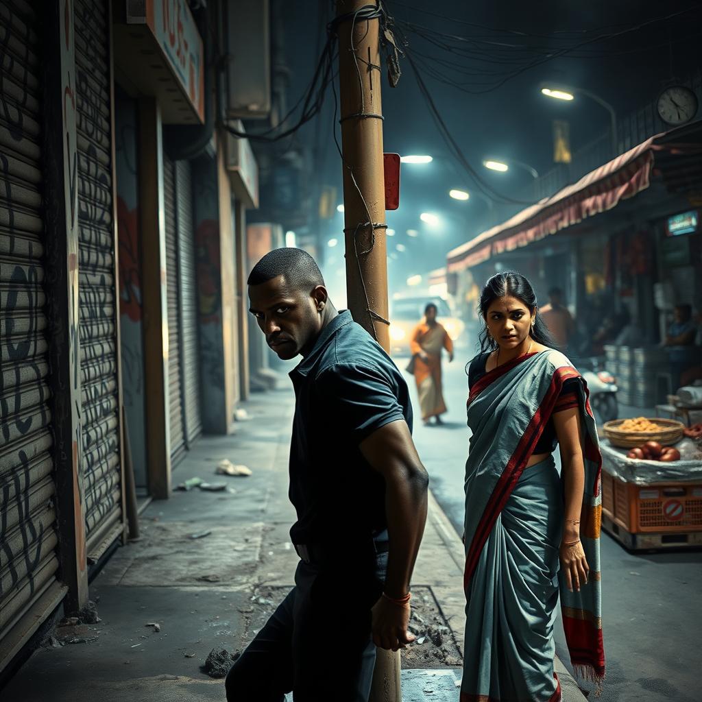 A tense scene depicting a black male figure with an assertive posture on a street corner, contrasted with an Indian female wearing a traditional saree, looking apprehensive