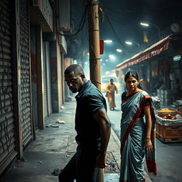 A tense scene depicting a black male figure with an assertive posture on a street corner, contrasted with an Indian female wearing a traditional saree, looking apprehensive