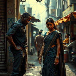 A tense scene depicting a black male figure with an assertive posture on a street corner, contrasted with an Indian female wearing a traditional saree, looking apprehensive