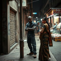 A tense scene depicting a black male figure with an assertive posture on a street corner, contrasted with an Indian female wearing a traditional saree, looking apprehensive