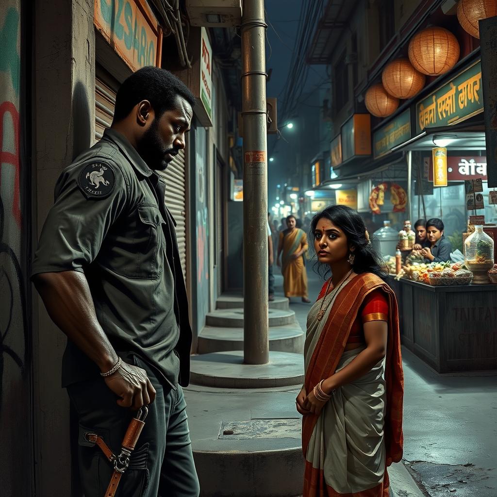 A tense scene depicting a black male figure with an assertive posture on a street corner, contrasted with an Indian female wearing a traditional saree, looking apprehensive