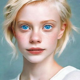 Create an image of a young adult girl with short blonde hair, piercing blue eyes, and fair white skin.