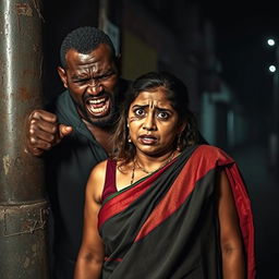A dramatic scene featuring a violent-looking black male figure displaying aggression, combined with an Indian female wearing a saree, visibly scared and showing signs of distress with bruises and a black eye