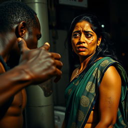 A dramatic scene featuring a violent-looking black male figure displaying aggression, combined with an Indian female wearing a saree, visibly scared and showing signs of distress with bruises and a black eye