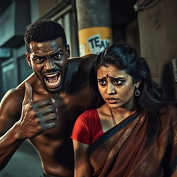 A dramatic scene featuring a violent-looking black male figure displaying aggression, combined with an Indian female wearing a saree, visibly scared and showing signs of distress with bruises and a black eye