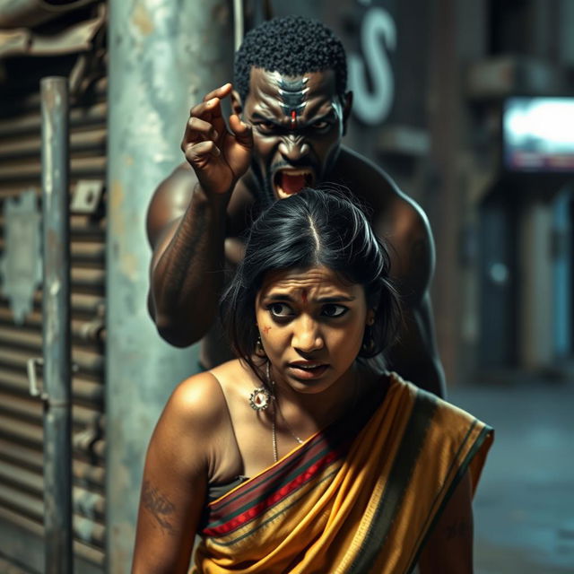 A dramatic scene featuring a violent-looking black male figure displaying aggression, combined with an Indian female wearing a saree, visibly scared and showing signs of distress with bruises and a black eye