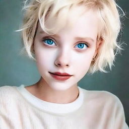 Create an image of a young adult girl with short blonde hair, piercing blue eyes, and fair white skin.