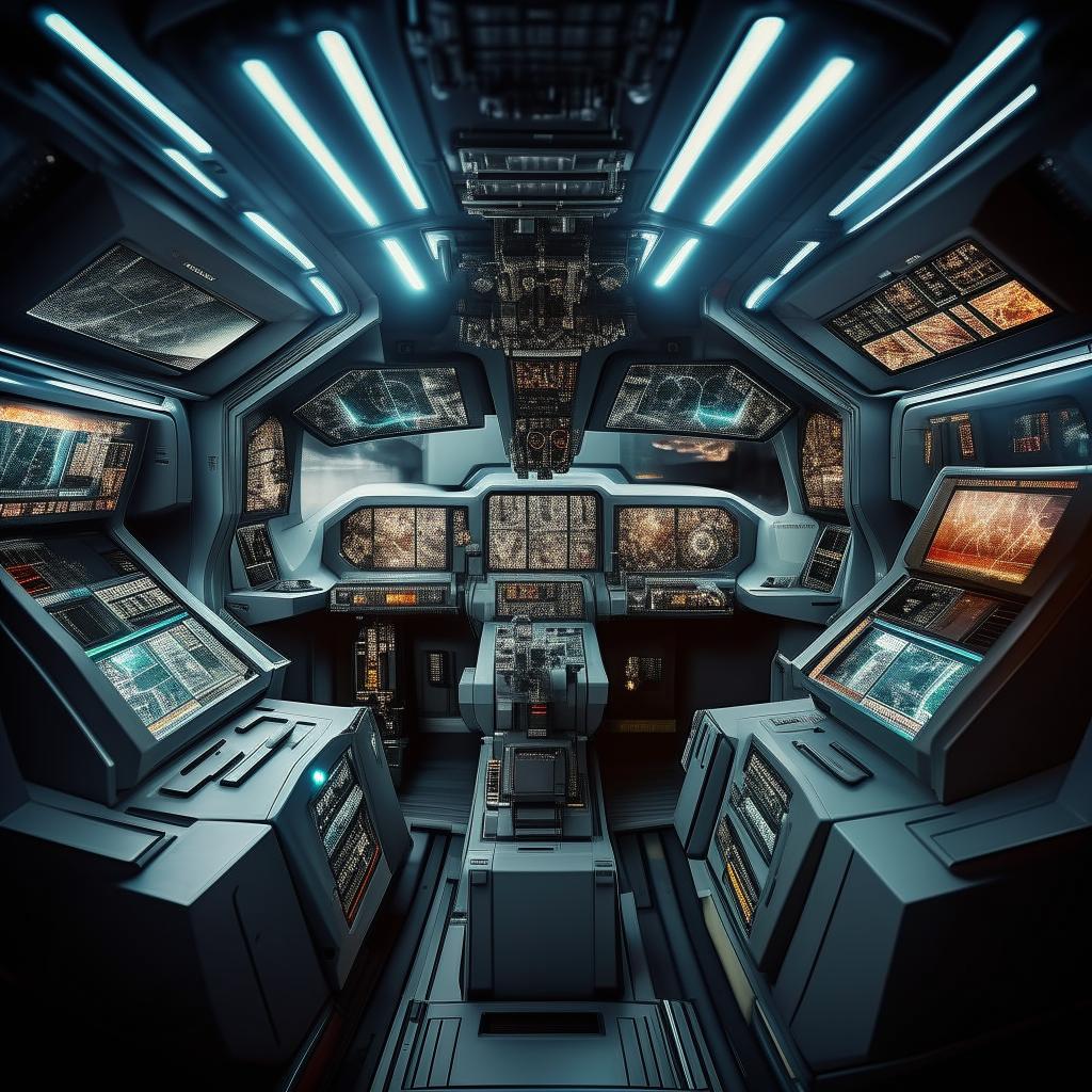 The interior of a four-person commando van that transforms into a futuristic jet fighter, featuring advanced control panels, high-tech navigation systems, and automated weapon controls accommodated for each occupant.