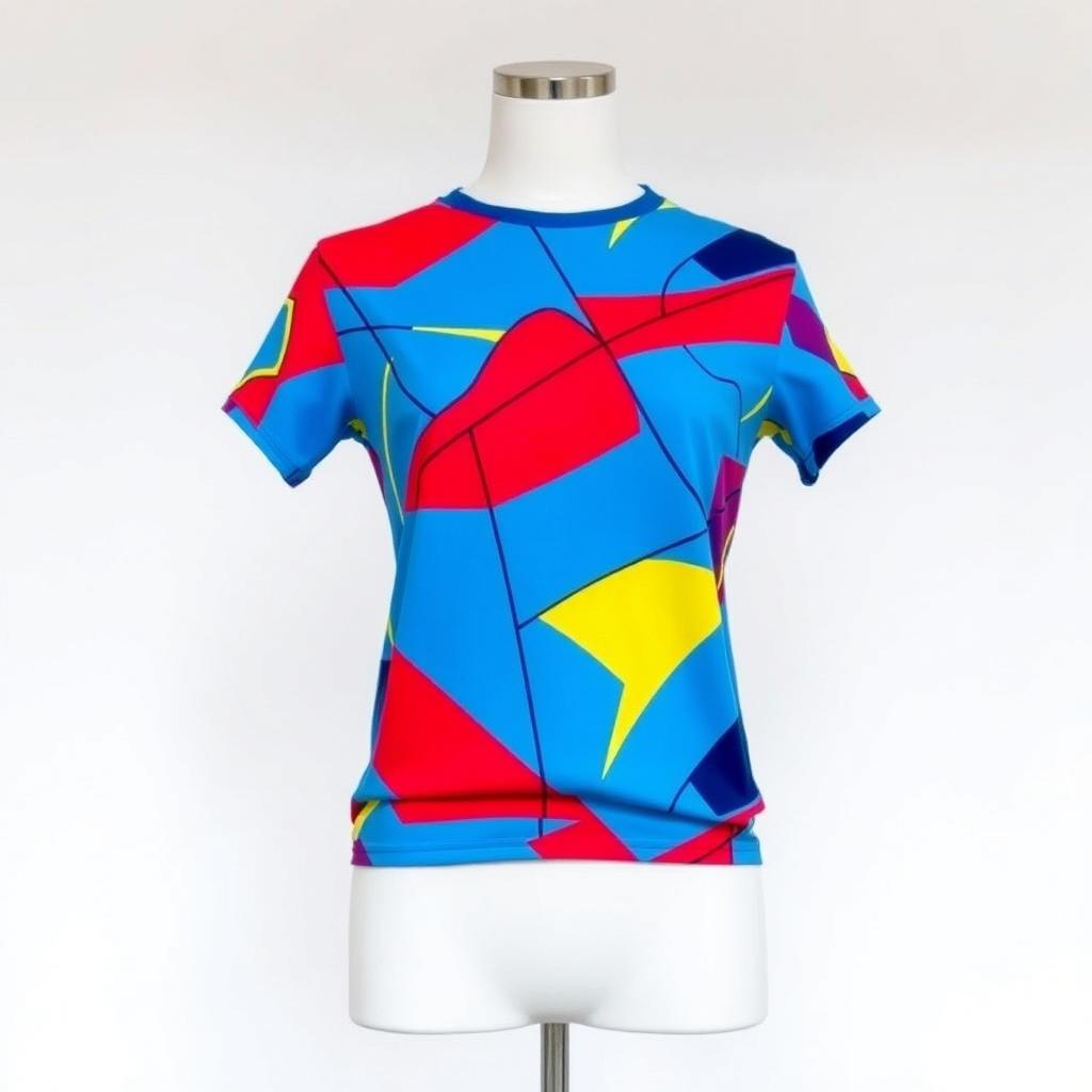 A vibrant and trendy design of a t-shirt featuring abstract geometric patterns in bold colors like blue, red, and yellow