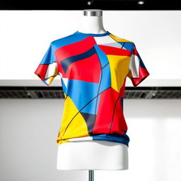 A vibrant and trendy design of a t-shirt featuring abstract geometric patterns in bold colors like blue, red, and yellow