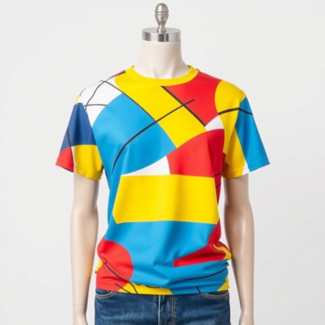 A vibrant and trendy design of a t-shirt featuring abstract geometric patterns in bold colors like blue, red, and yellow