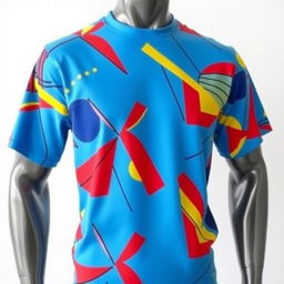 A vibrant and trendy design of a t-shirt featuring abstract geometric patterns in bold colors like blue, red, and yellow