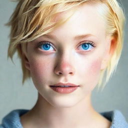 Create an image of a young adult girl with short blonde hair, piercing blue eyes, and fair white skin.