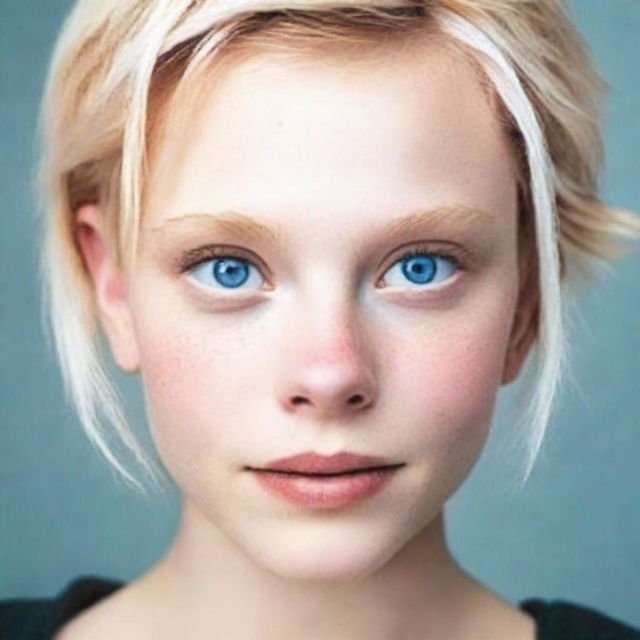 Create an image of a young adult girl with short blonde hair, piercing blue eyes, and fair white skin.