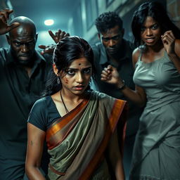 A tense and dramatic scene depicting a frightened Indian female character dressed in a traditional saree, visibly distressed and displaying bruises, cuts, and a black eye