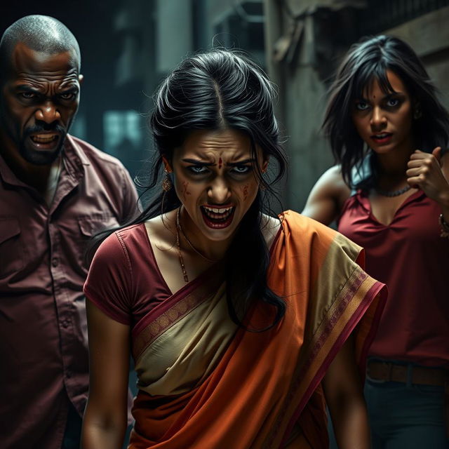 A tense and dramatic scene depicting a frightened Indian female character dressed in a traditional saree, visibly distressed and displaying bruises, cuts, and a black eye