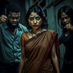 A tense and dramatic scene depicting a frightened Indian female character dressed in a traditional saree, visibly distressed and displaying bruises, cuts, and a black eye