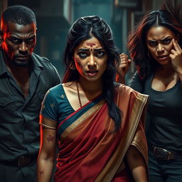 A tense and dramatic scene depicting a frightened Indian female character dressed in a traditional saree, visibly distressed and displaying bruises, cuts, and a black eye