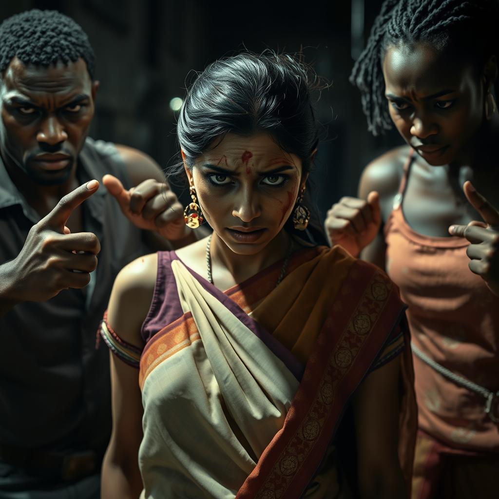 A tense and dramatic scene depicting a very scared Indian female character dressed in a traditional saree, visibly distressed with bruises, cuts, and a black eye