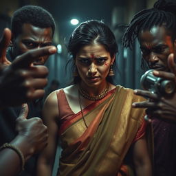 A tense and dramatic scene depicting a very scared Indian female character dressed in a traditional saree, visibly distressed with bruises, cuts, and a black eye