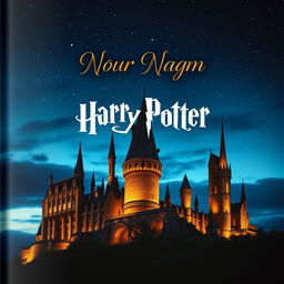 A captivating novel cover design featuring Hogwarts Castle, majestically set against a twilight sky filled with stars