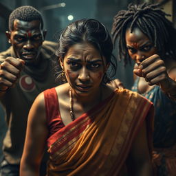 A tense and dramatic scene depicting a very scared Indian female character dressed in a traditional saree, visibly distressed with bruises, cuts, and a black eye