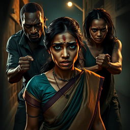 A tense and dramatic scene depicting a very scared Indian female character dressed in a traditional saree, visibly distressed with bruises, cuts, and a black eye