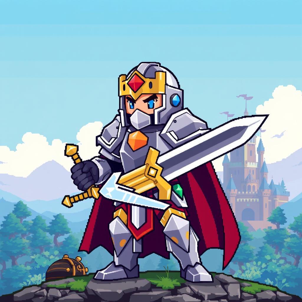 An iconic 8-bit style image of a Fantasy Paladin, characterized by blocky graphics and pixelated details