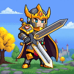 An iconic 8-bit style image of a Fantasy Paladin, characterized by blocky graphics and pixelated details