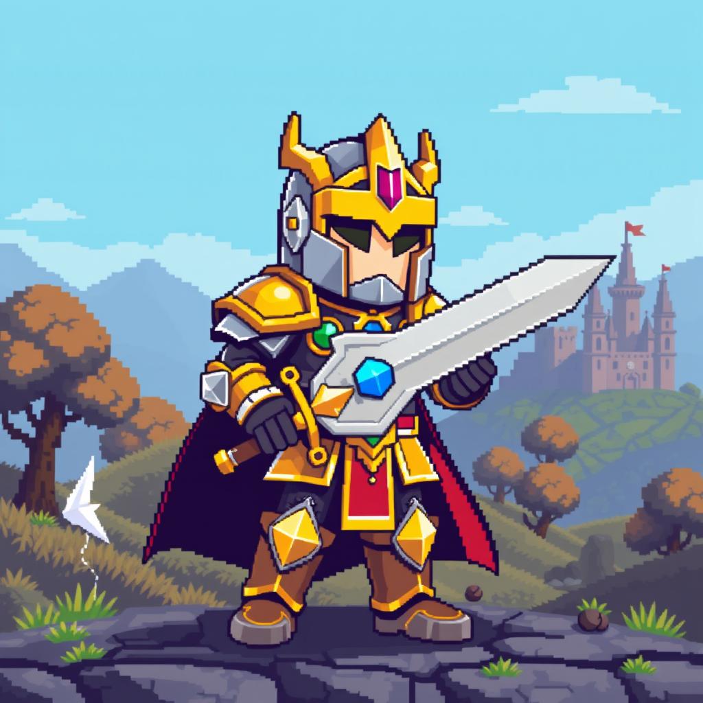 An iconic 8-bit style image of a Fantasy Paladin, characterized by blocky graphics and pixelated details