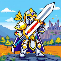 An iconic 8-bit style image of a Fantasy Paladin, characterized by blocky graphics and pixelated details