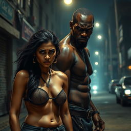 An intense street scene depicting an Indian lady characterized as a street prostitute, dressed in revealing clothing, with a distressed expression that conveys her difficult circumstances