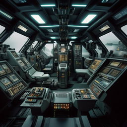 The interior of a four-person commando van that transforms into a futuristic jet fighter, featuring advanced control panels, high-tech navigation systems, and automated weapon controls accommodated for each occupant.