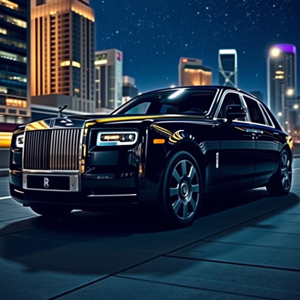 A luxurious Rolls Royce Phantom in a stunning cityscape setting, showcasing its sleek, elegant lines and signature grille