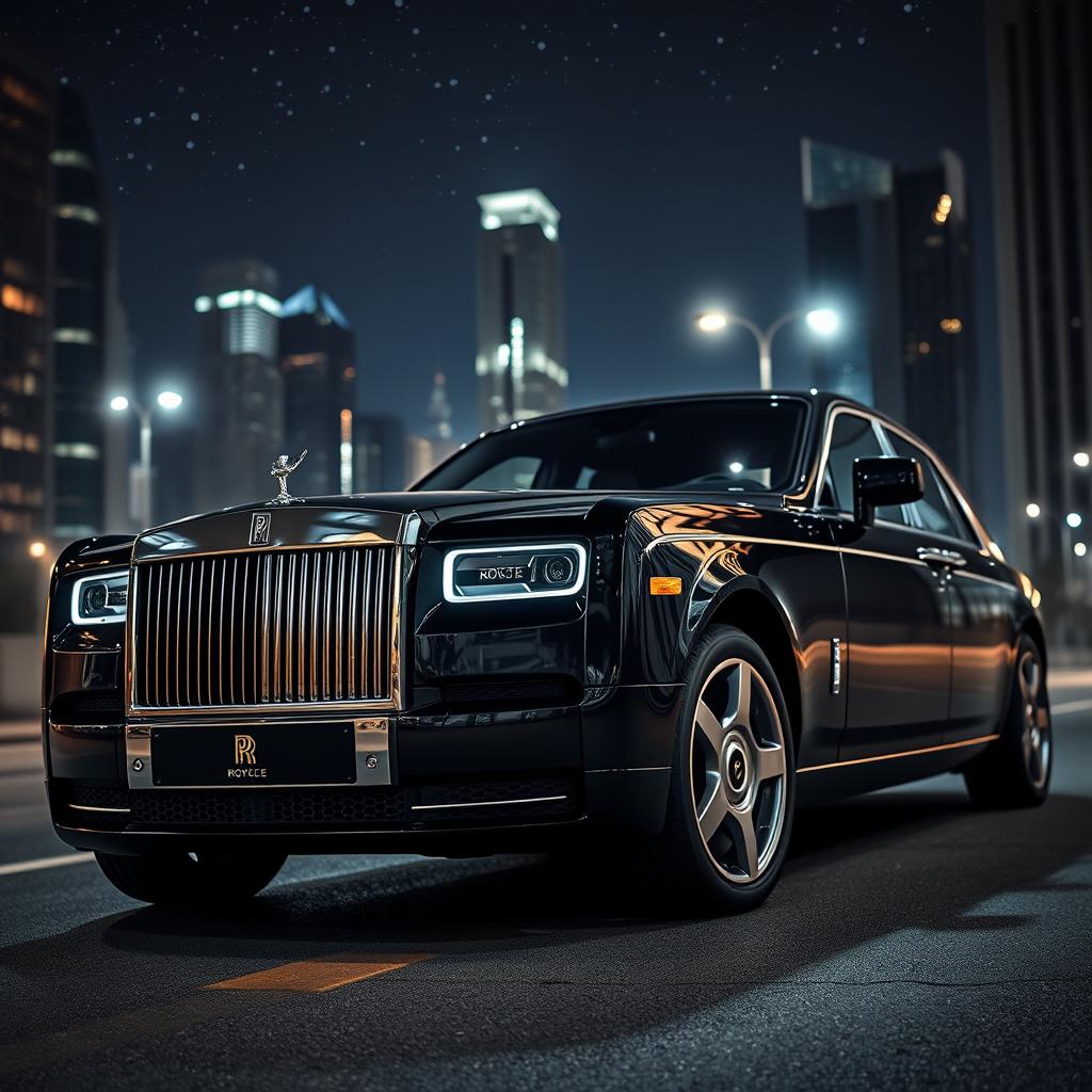 A luxurious Rolls Royce Phantom in a stunning cityscape setting, showcasing its sleek, elegant lines and signature grille