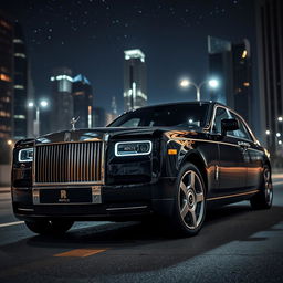 A luxurious Rolls Royce Phantom in a stunning cityscape setting, showcasing its sleek, elegant lines and signature grille