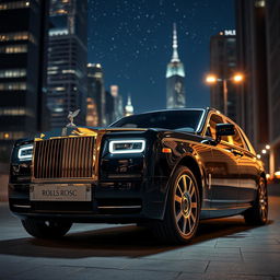 A luxurious Rolls Royce Phantom in a stunning cityscape setting, showcasing its sleek, elegant lines and signature grille