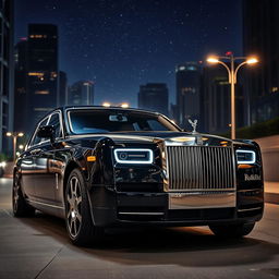 A luxurious Rolls Royce Phantom in a stunning cityscape setting, showcasing its sleek, elegant lines and signature grille